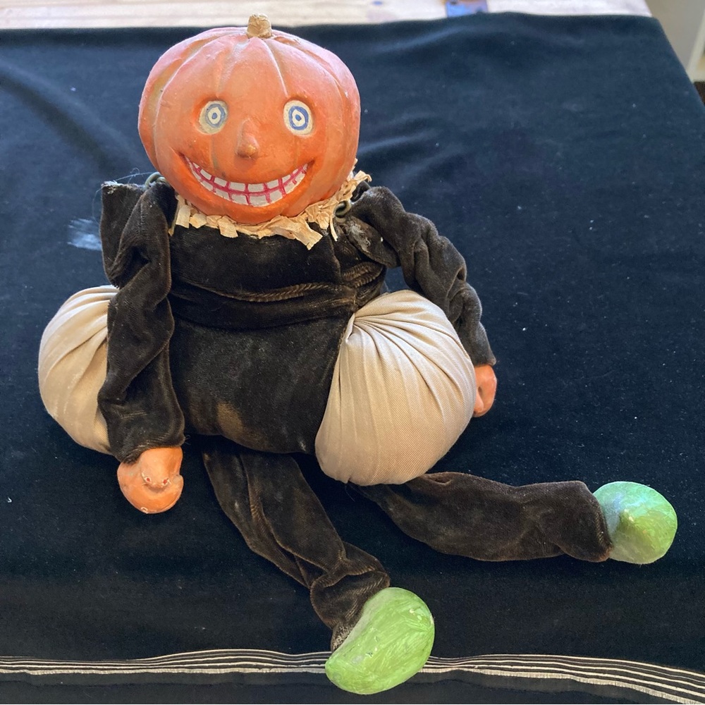 Halloween Pumpkin Man in Brown Velvet Outfit Sits Upright Hand-painted Face